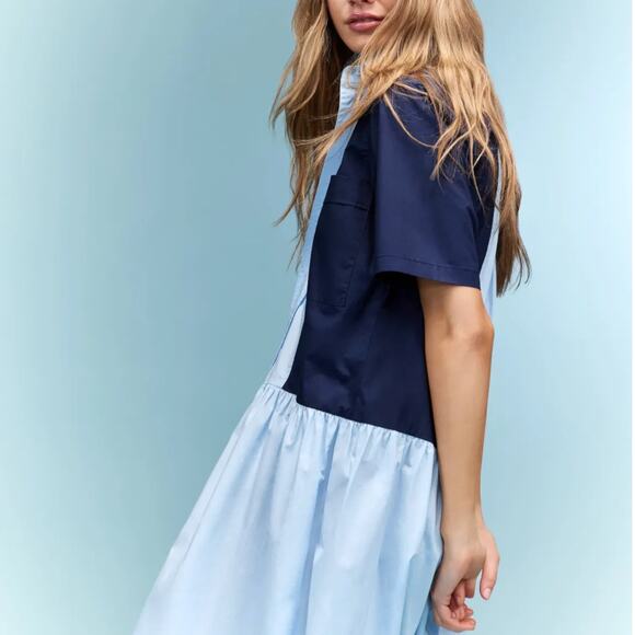 Plan C Blue Colorblock Shirt Midi Dress SMALL Cotton Oversized Designer $385 - Picture 3 of 12